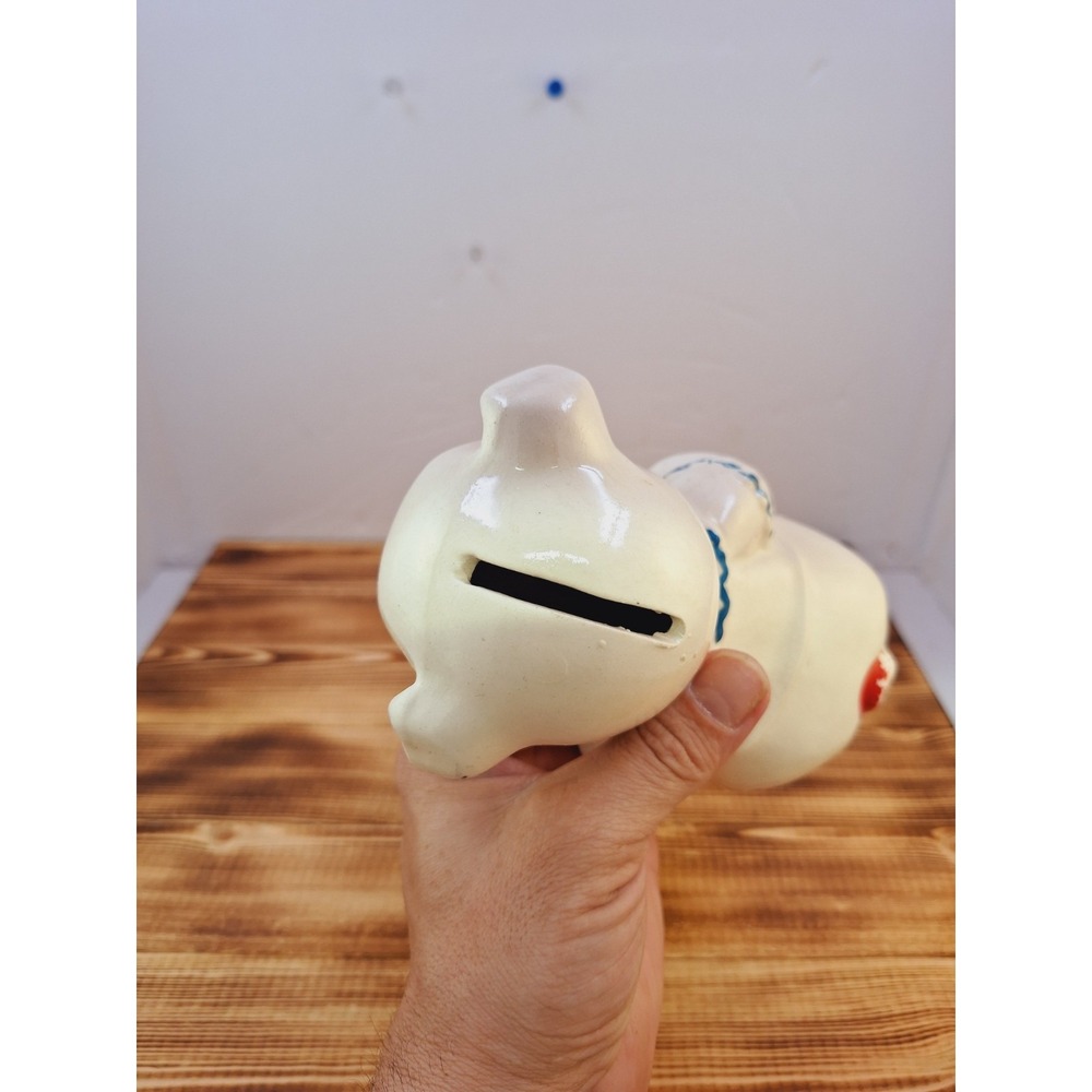Vintage‎ American Bisque Pottery Ceramic PORCELAIN Pig Piggy Bank RED Bow tie - Picture 6 of 10